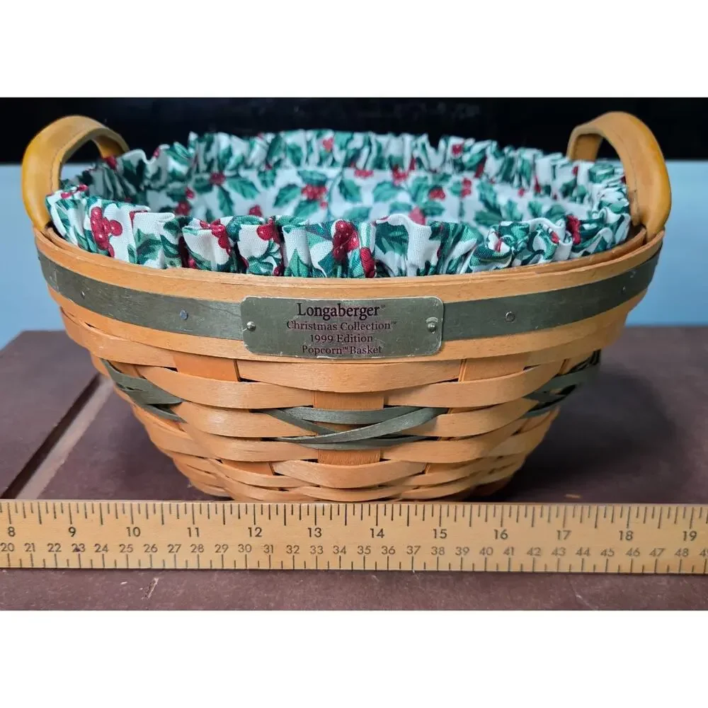 Vtg 1999 Longaberger Christmas Collection Popcorn Basket Combo w Holly Liner etc